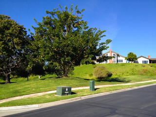 Streets of La Jolla, Lake San Marcos, California. Empty road and nice looking buildings of United...