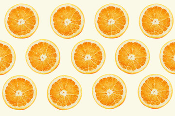 The pattern of fresh orange slices on light beige background. Colorful fruit slices top view.