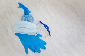 Personal protective equipment during the coronavirus epidemic on the table. Copy space.