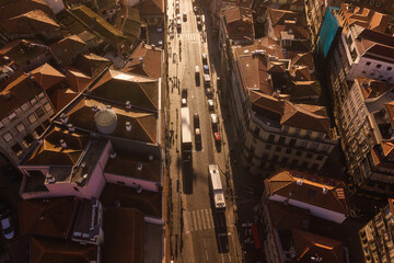 aerial view drone shot from above Porto, Portugal sunset sunlight sunshine main street public transport