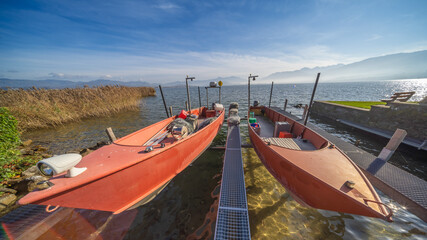 Obraz premium The beautiful fishing harbor of the village of Hurden, on the Seedam between Pfaffikon and Rapperswil, Schwyz, Switzerland