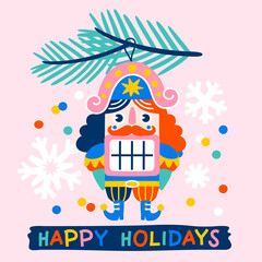 Christmas greeting card decorated with with with vintage toy of nutcracker, fir branches and confetti. Pink background