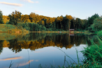 autumn lake forest and sunset colors