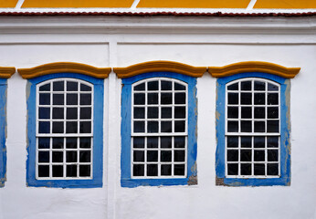 Colonial windows on facade, Sao Joao del Rei, Minas Gerais, Brazil
