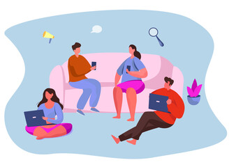Social Media Addiction,Smartphone and Gadget Dependency.Friends Characters Tied with Mobile Phone or Laptop.Addiction to Networks and Spending Time in Internet.Flat Vector Illustration