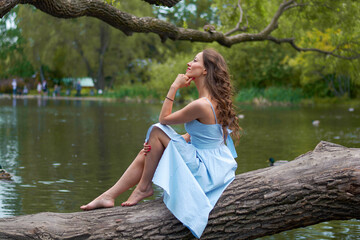a girl in a blue dress is sitting on a tree above the lake.