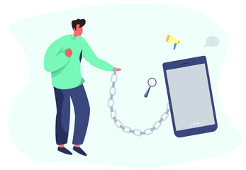 Social Media Addiction,Smartphone and Gadget Dependency.Male Character Tied with Metal Chain to Mobile Phone.Addiction to Networks and Spending Time in Internet.Flat Vector Illustration