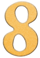 8, eight, numeral of wood combined with yellow insert, isolated on white background