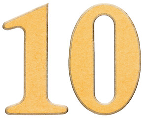 10, ten, numeral of wood combined with yellow insert, isolated on white background