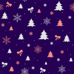 Fototapeta na wymiar Trendy New Year seamless pattern vector illustration. For wrapping paper, digital paper, fabric, textile, postcards. Christmas pattern with new year tree, stars, snowflakes, ribbons. Pink and purple