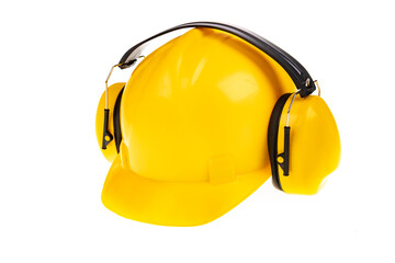 Yellow hard hat for construction workers. Protective clothing and accessories for employees.