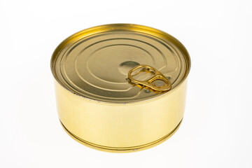 Canned metal with meat inside. Food with a long shelf life.
