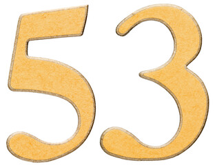53, fifty three, numeral of wood combined with yellow insert, isolated on white background