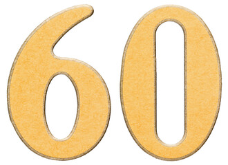60, sixty, numeral of wood combined with yellow insert, isolated on white background