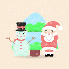 Merry Christmas and Happy New Year greeting card with cute Santa Claus, Snowman and Christmas tree
