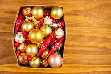 a box full of classic Christmas balls, Christmas decorations