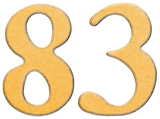 83, eighty three, numeral of wood combined with yellow insert, isolated on white background