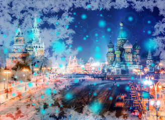 Snowflake New Year winter pattern with white bokeh and spots on blurred defocused background of night illuminated Kremlin
