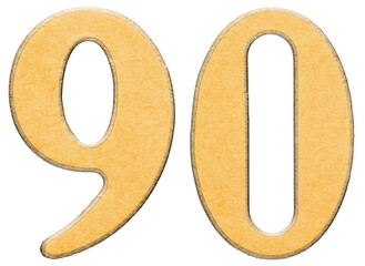 90, ninety, numeral of wood combined with yellow insert, isolated on white background
