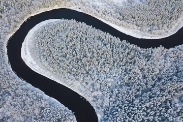 Tuinposter snow covered trees in the winter drone shot from above forest beautiful scenery with a river Gauja flowing not frozen reflection mirror with a little sunshine © Nauris