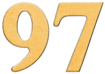 97, ninety seven, numeral of wood combined with yellow insert, isolated on white background