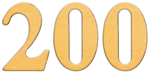 200, two hundred, numeral of wood combined with yellow insert, isolated on white background