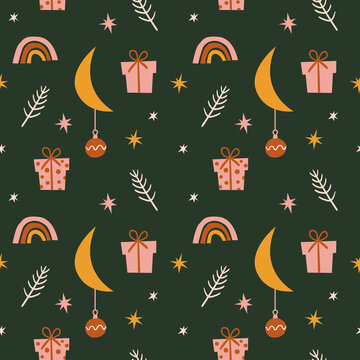 Christmas pattern. Vector illustration of trendy Christmas pattern with gift boxes, rainbow, moon and stars in flat boho style
