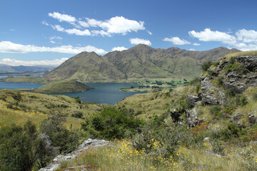 View of Lake Wanaka  from the trail to the top of Rocky Mountain in the Diamond Lake Conservation Area in New Zealand.
