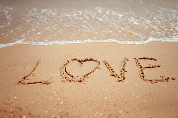 Handwritten Love Word on the Sand Coast. Wonderful words on beach sand. Love idea concept.