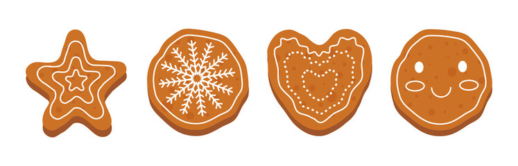 Set of cute shaped gingerbread cookies with winter ornament. A gingerbread heart, a snowflake, a star and a gingerbread man face. Holiday winter symbols isolated on white background in flat design