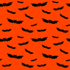 Halloween seamless pattern with black flying bats. Bat silhouettes on orange background for wrapping paper, postcards, home textile, costumes. Vector illustration isolated. Halloween decorations