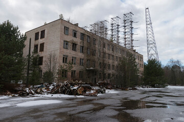 Fototapeta na wymiar Abandoned building on area of Duga radar complex