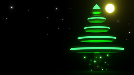 3d rendering of Christmas background with green light christmas tree in the night. Round platform. Modern simple minimal style.