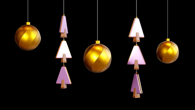 3D Rendering of Decorative Christmas golden Shining Balls and pink christmas trees on black background, Realistic 3d shapes.Asset for used to decorate additional images.