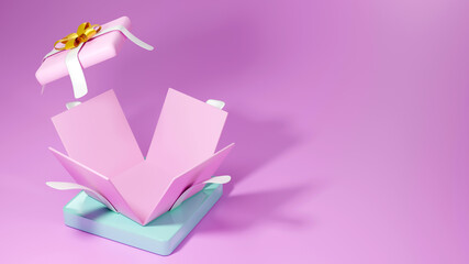 3d rendering of colorful opened realistic gift box on pink background. Round platform. Modern simple minimal style.