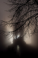 Schlossturm im gespenstischen Nebel