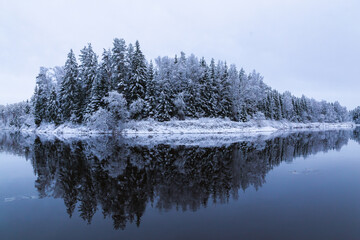 snow covered trees in winter winter scenery over the Gauja river Latvia longest river reflection mirror cloudy not frozen water