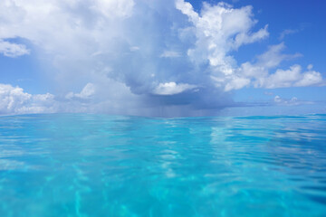 Fototapeta premium Seascape background, blue sky with cloud on the ocean, seen from water surface, natural scene, south Pacific ocean