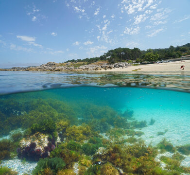 Spain Galicia coastline beach shore, split view over and under water surface, Atlantic ocean, Bueu, province of Pontevedra, Praia de Lagos