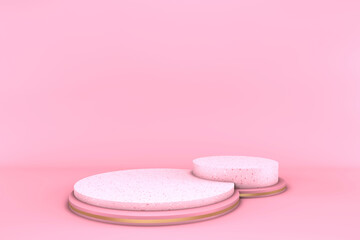 3d render of pink pedestal. Luxury minimalist mockup for two products. Terrazzo texture.