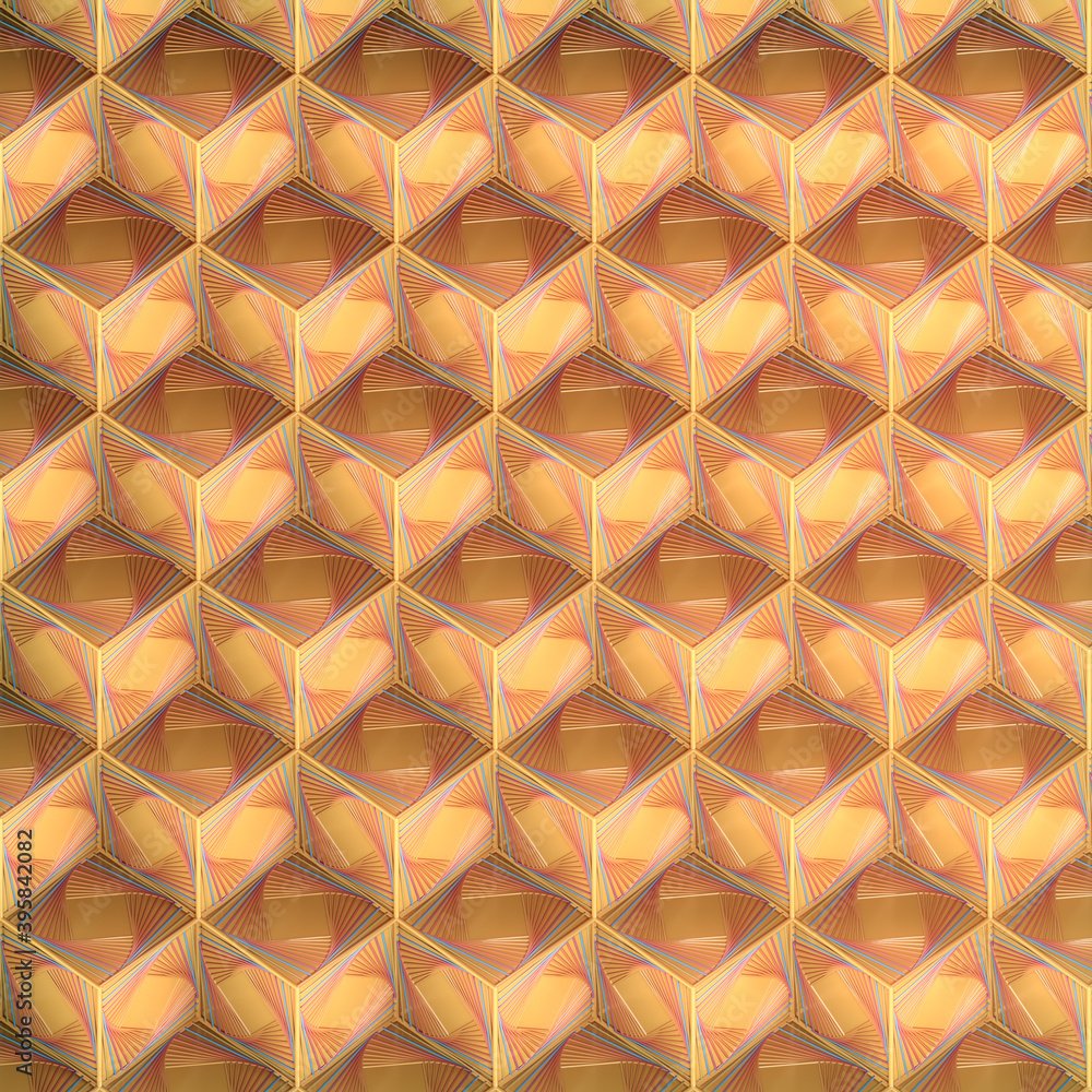 Aufkleber 3d rendering isometric projection of shiny orange cubes with a spiral wire frame