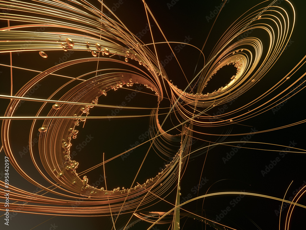 Poster weave luxury gold lines with shiny beads. astract composition. 3d rendering