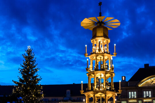 Dresden, Germany - december 2019: Famous Christmas pyramid carousel on the Altmarkt Christmas market/Striezelmarkt