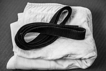 Black judo, aikido or karate belt on white judo gi