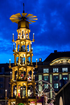 Dresden, Germany - december 2019: Famous Christmas pyramid carousel on the Altmarkt Christmas market/Striezelmarkt