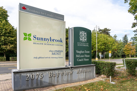 Toronto, Canada - September 29, 2020: Sunnybrook Hospital Sign Is Seen At Entrance In Toronto Canada On September 29, 2020.  Sunnybrook Is An Academic Health Sciences Centre Located In Toronto.