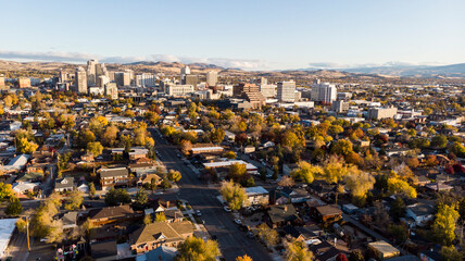 Drone photo downtown Reno looking north from south of the city during the fall season