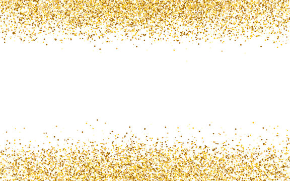 Glitter gold border. Luxury frame on white backdrop. Golden dust decoration. Rich confetti texture for greeting card or advertising. Vector illustration