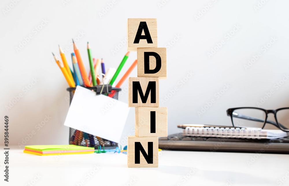 Poster admin word made with building blocks isolated on white