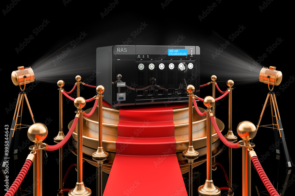 Poster podium with network-attached storage nas, 3d rendering
